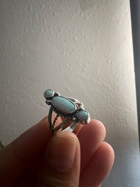 Unique Vintage Blue-Green Opal Three-Stone Silver Ring